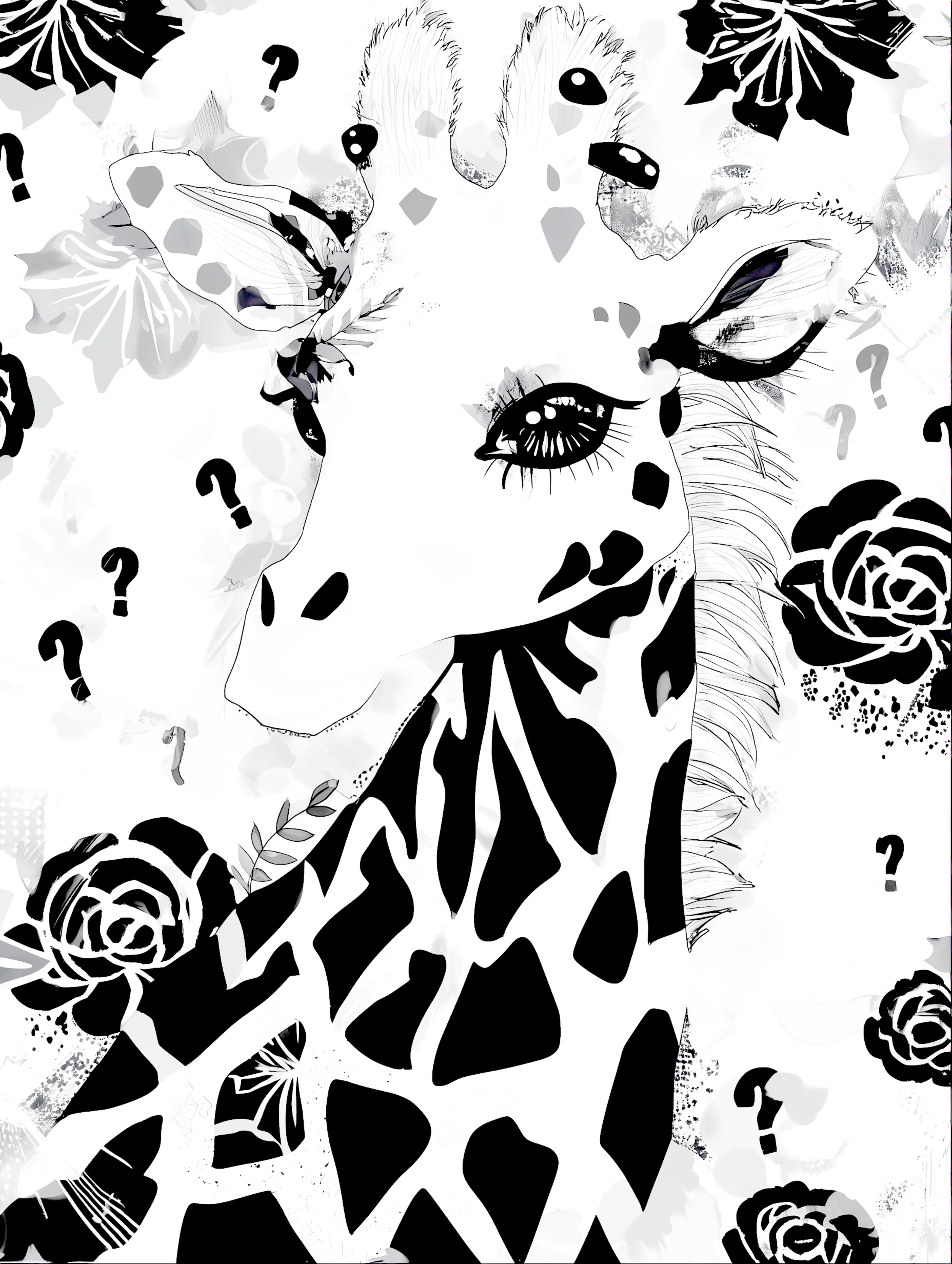 Free printable giraffe coloring page featuring question marks around giraffe head